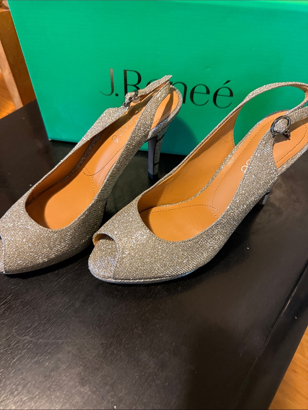 J.Renee Silver Glitter Peep-Toe Slingback Heels with Buckle